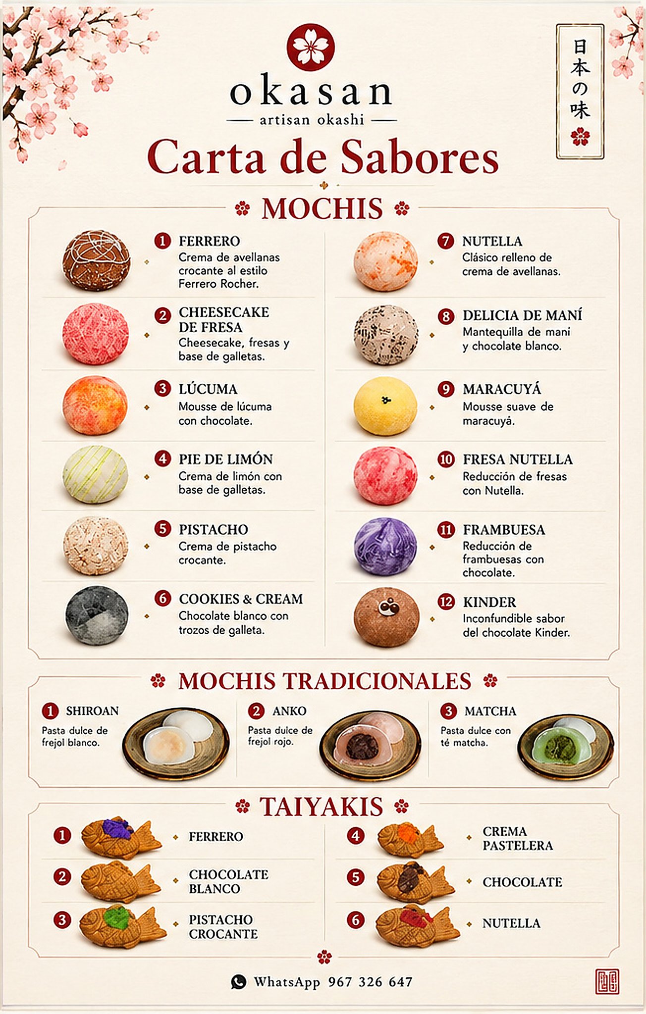 Carta de sabores de Okasan: mochis, mochis tradicionales y taiyakis