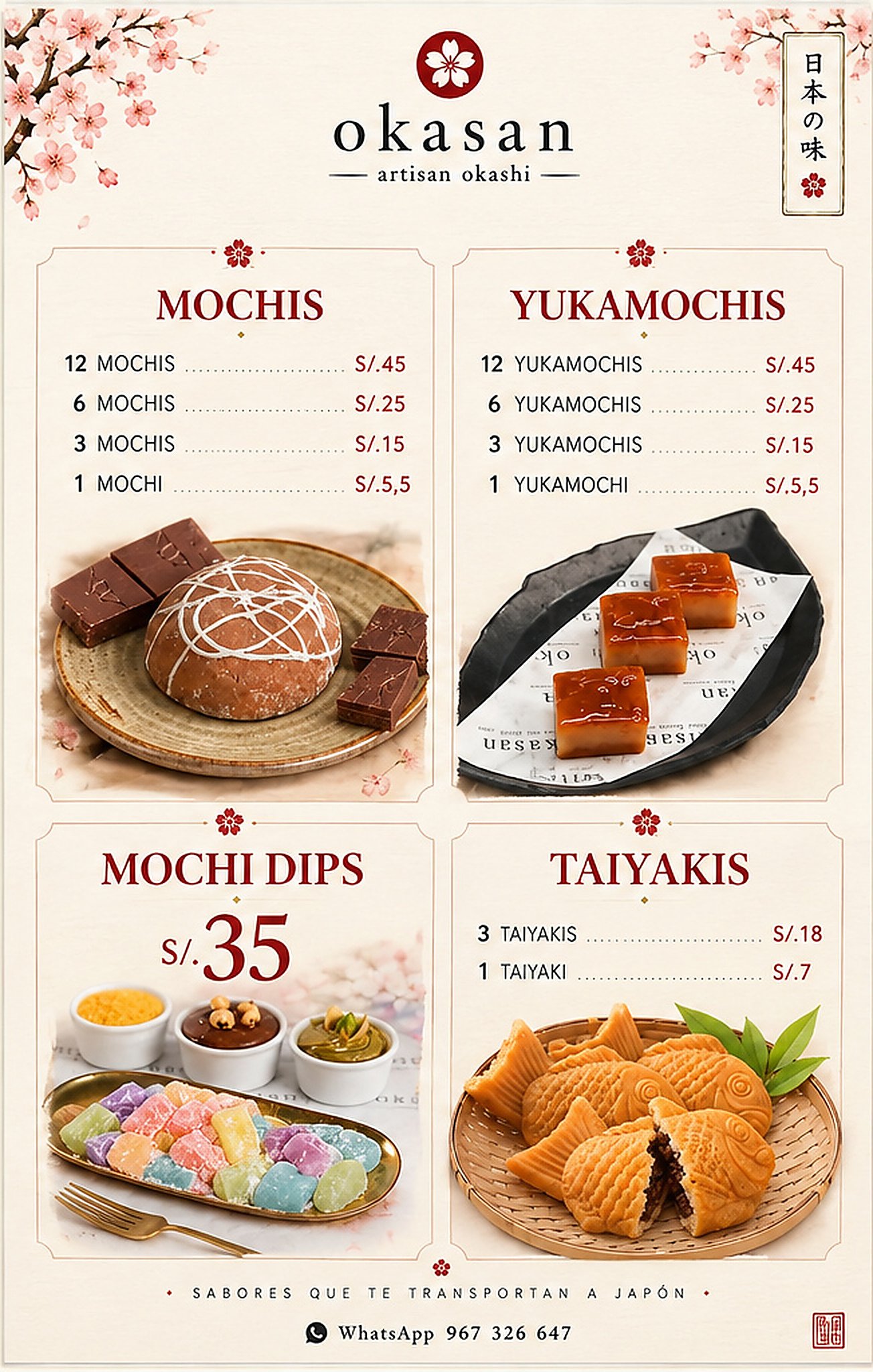 Carta de Okasan: mochis, yukamochis, mochi dips y taiyakis