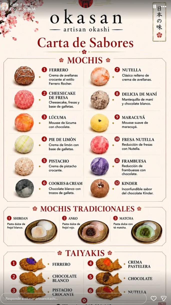 Carta de sabores y postres japoneses de Okasan